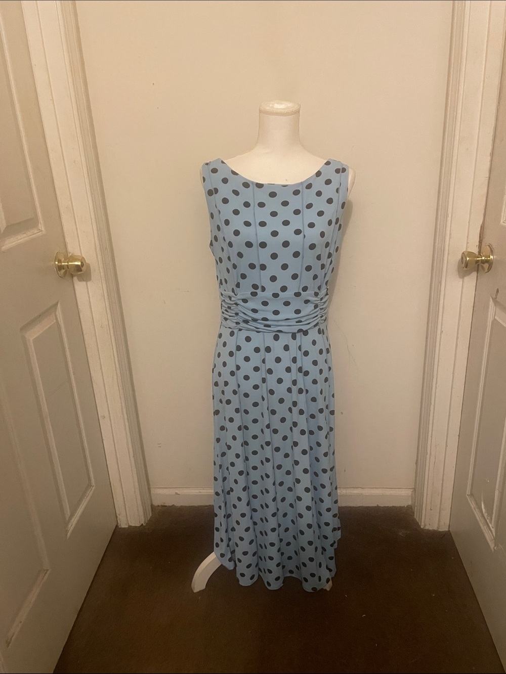 Perceptions Light Blue and Black Polka Dot Maxi Dress
